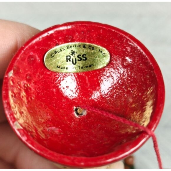 Vintage Hand Painted Russ Berrie Red Bell Ornament Teddy Bear Jingle Bell - Picture 2 of 6